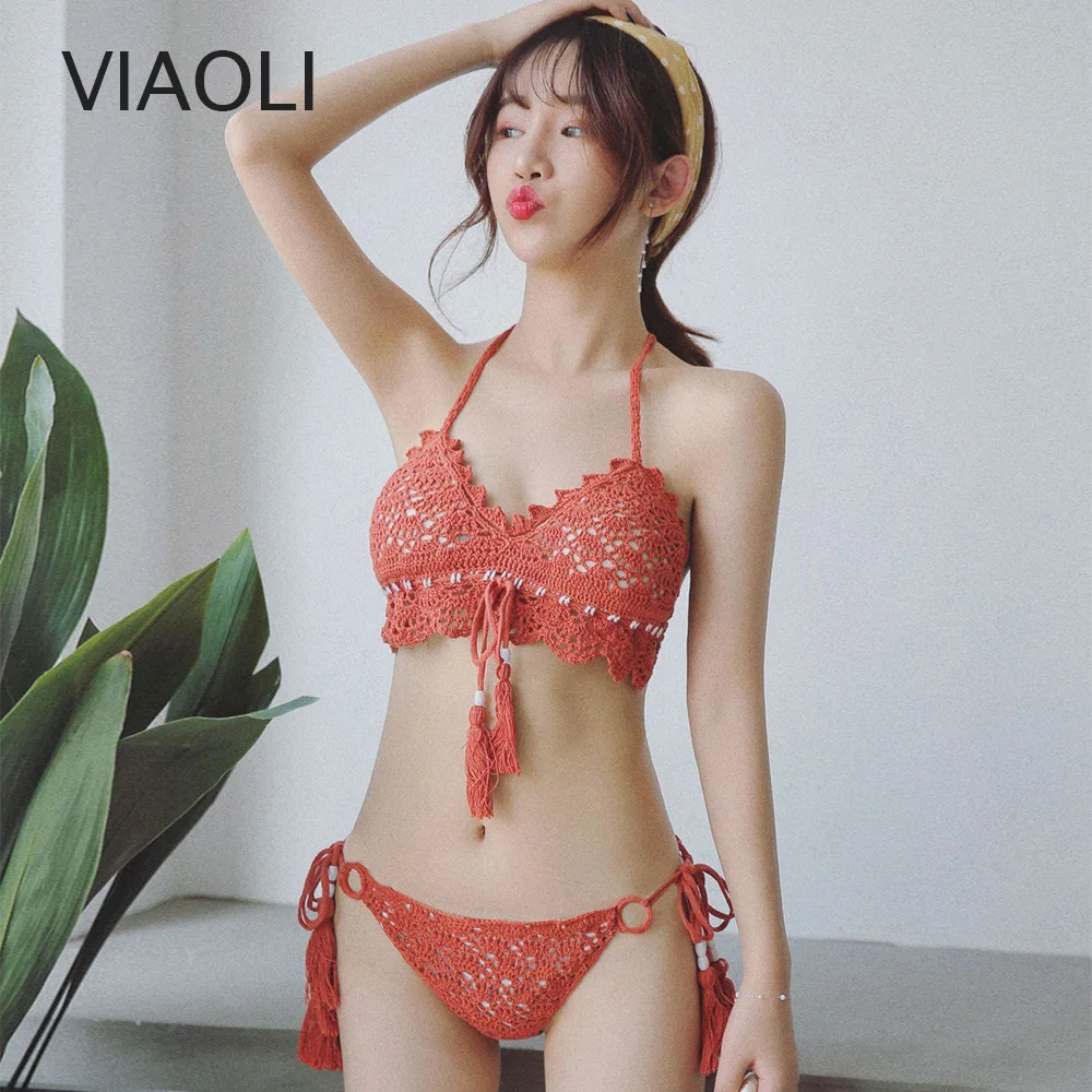 

Women's Sexy Micro Bikini Crochet Cotton Thong G String Bikini Set Lingerie Triangle Bikini Top Bra Solid Bottom Beach Swimwear