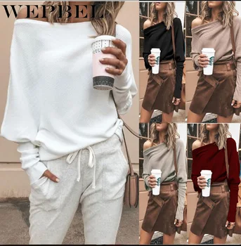 

WEPBEL Women Fashion Autumn Winter Long Sleeve Off Shoulder Tops Loose Threaded Knitted Shirts Blouses Sweater Plus Size S~5XL