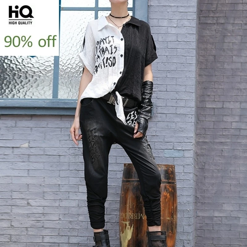

Summer 2020 Fashion Office Short Sleeve Printing Shirt Jeans Calf-Length Pants 2 Piece Set Hip Hop Streetwear Harem Pants Set