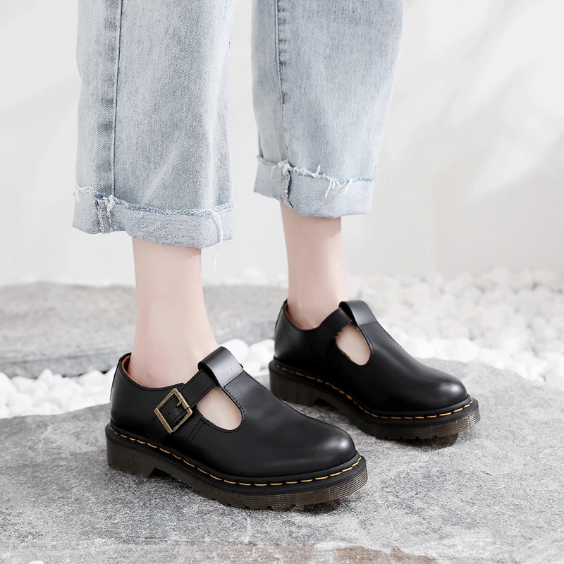 

autuspin Mary Janes Shoes Women 2020 Summer Fashion Casual Chunky Women's Flats Genuine Leather Classic Buckle Strap Female Shoe