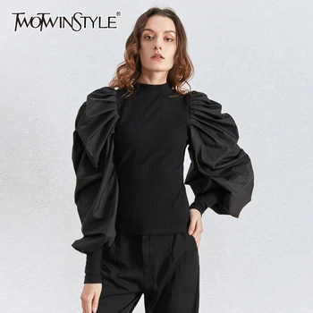 

TWOTWINSTYLE Patchwork Knitting Women's Sweaters O Neck Puff Long Sleeve Tunic Ruched Female Sweater Clothing Fashion 2020 Tide