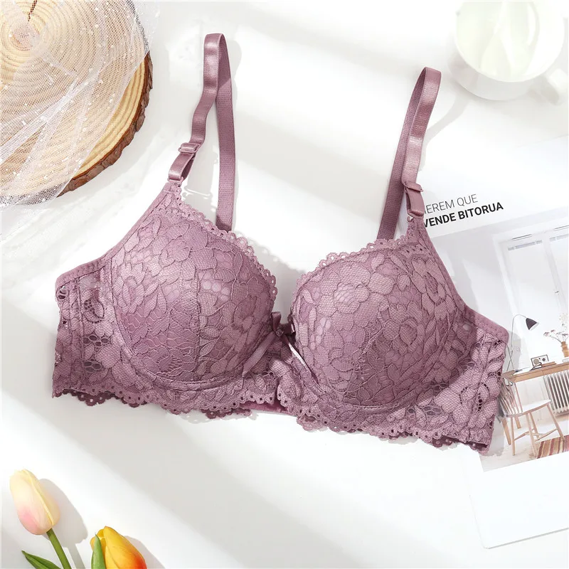 Purple Gray Кружевной бюстгальтер, сексуальное нижнее белье, массажная чашка, Женский Бюстгальтер, чашка B C, сексуальный цветочный женский бюстгальтер, модное дамское нижнее белье на косточках, 36-42, новинка - Цвет: Purple Gray