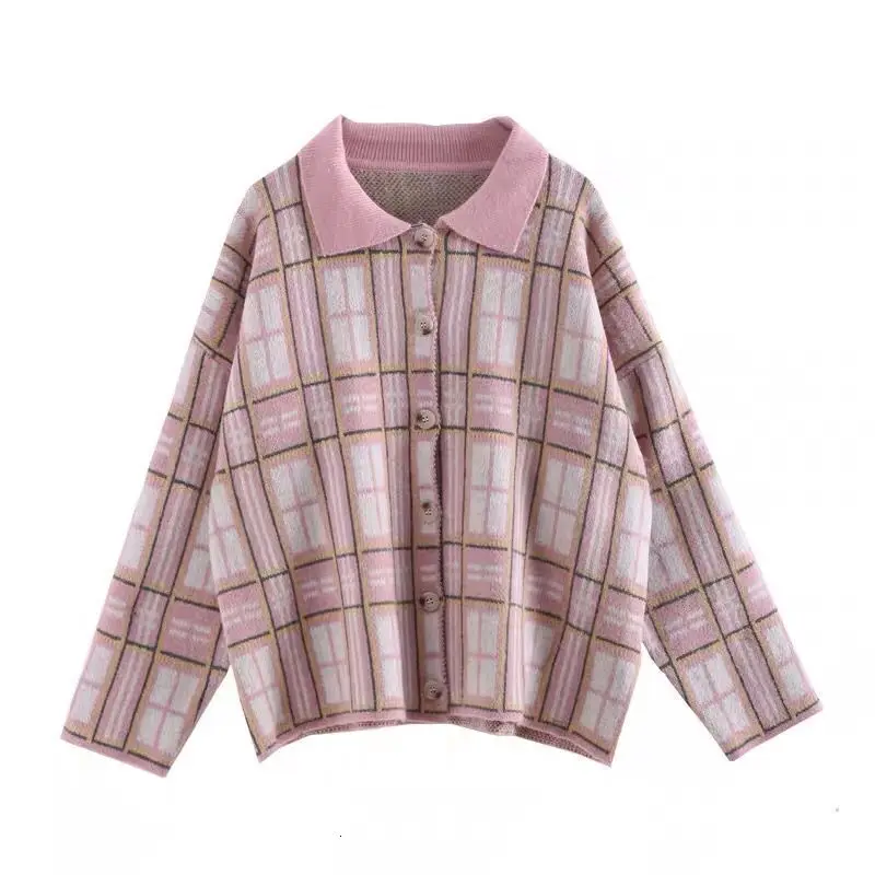 pink colour LANMREM, клетчатый свитер, женский, весна,, с отворотом, с длинным рукавом, кардиган Ретро, Повседневный, Свободный Топ, PC386 - Цвет: pink colour