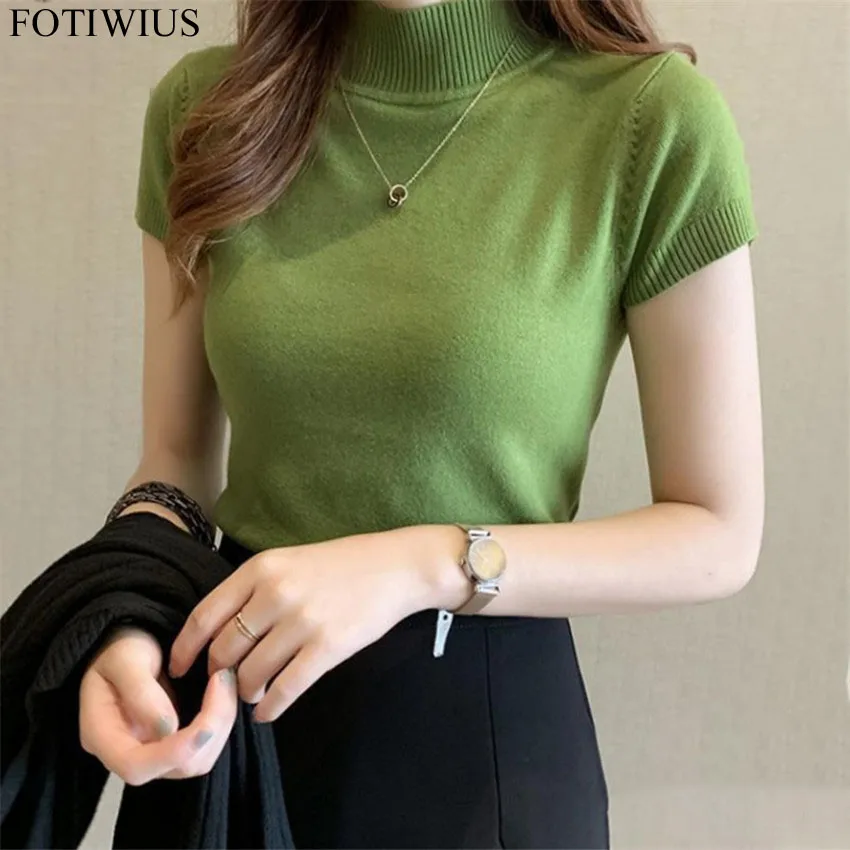 

2020 Spring Summer Knitted Top Tees Women Short Sleeve Thin Knit T shirt Tops Ladies Fitness Slim Tee Shirt Femme Knitwear