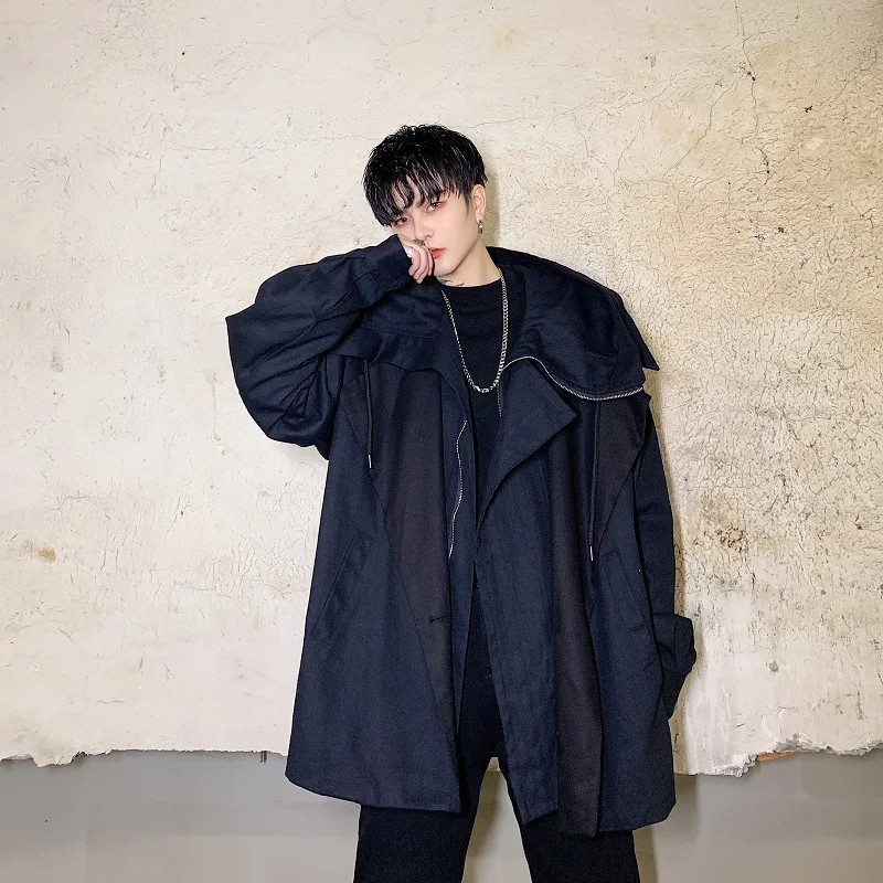Осень-зима мужские повседневные куртки хип-хоп готическое теплое хлопковое длинное пальто мужская одежда с молниями черный свитер верхняя одежда с Nood пальто