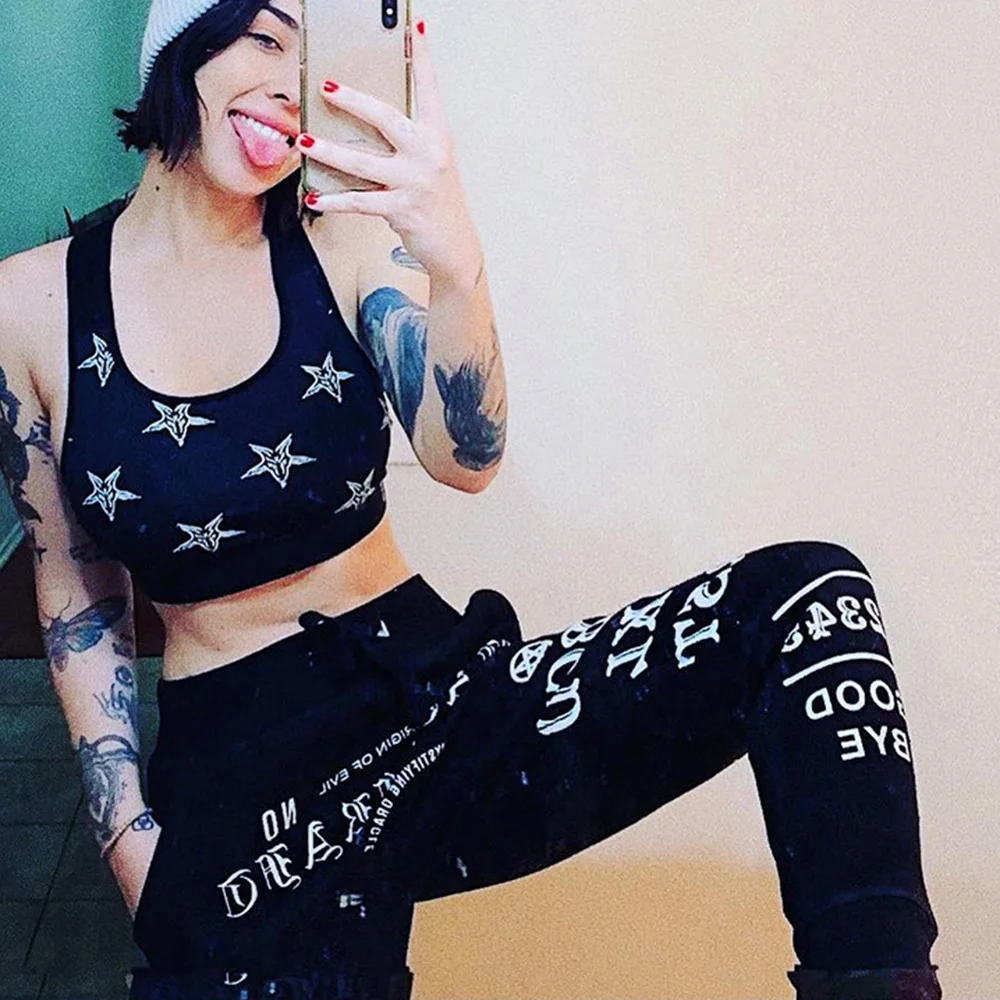 Letter Graffiti Casual Pants Dark Black Female Sports Leggings Cartoon Print Long Trousers Gothic Women Autumn Winter Streetwear