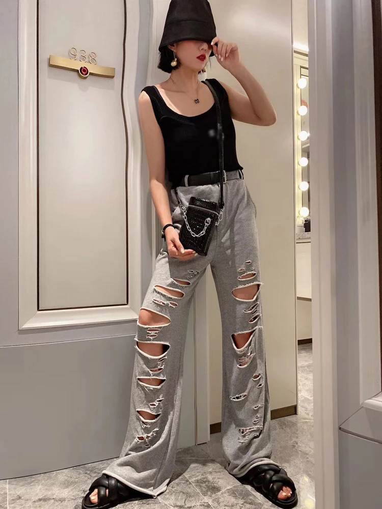 Vefadisa 6 Style Women Holes Wide Leg Pants 2020 Summer Women High Waist Straight Pants Female Plus Size Slim Pants ZQY242B