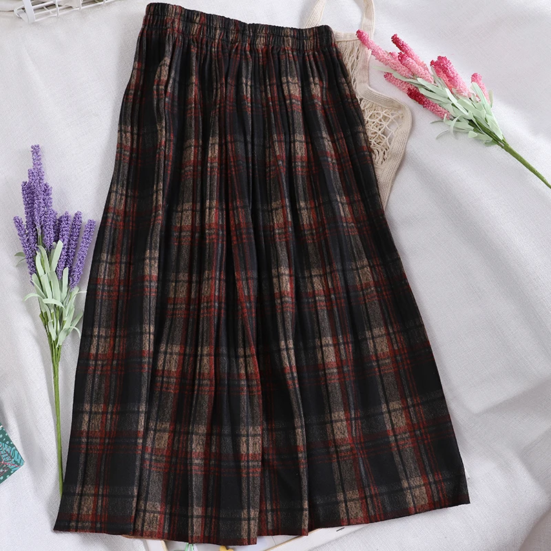 Винтажные клетчатые гофрированные длинные юбки зимние женские панк-рок корейские шерстяные юбки уличная юбка миди с эластичной резинкой на талии - Цвет: Бургундия