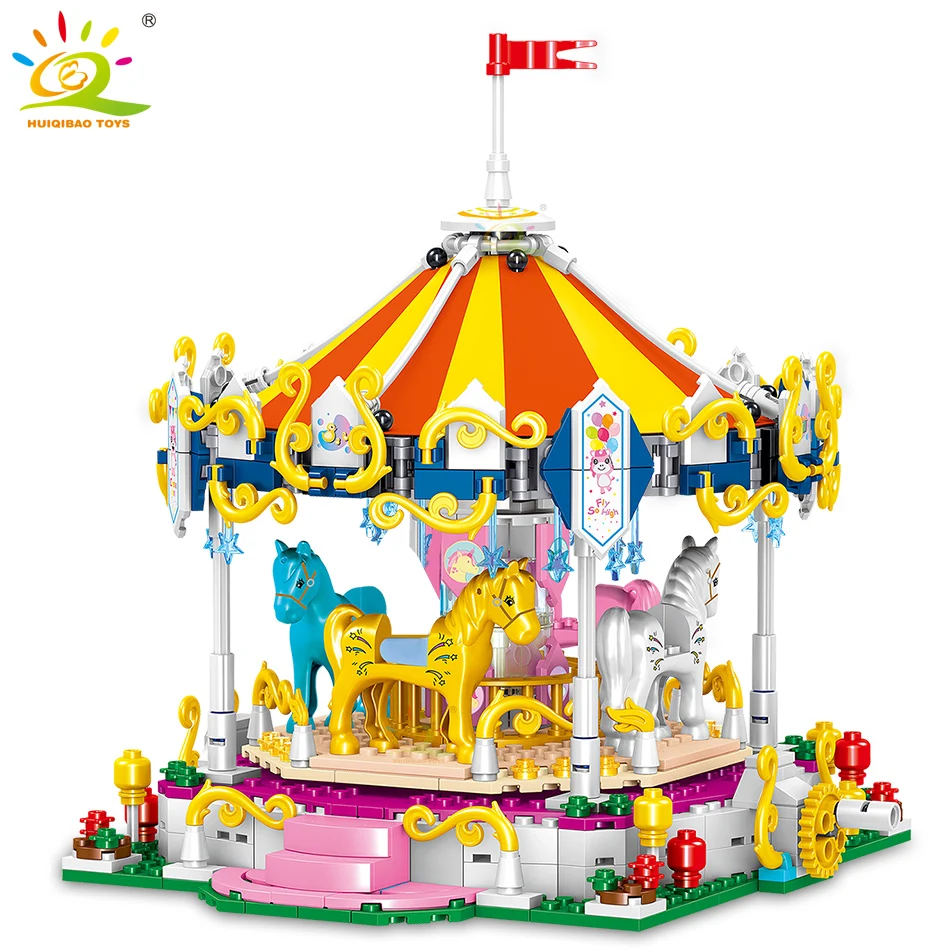HUIQIBAO 792pcs Amusement Park Carousel 3D Model Micro Building Blocks City Street View Architecture Mini Bricks Children Toys