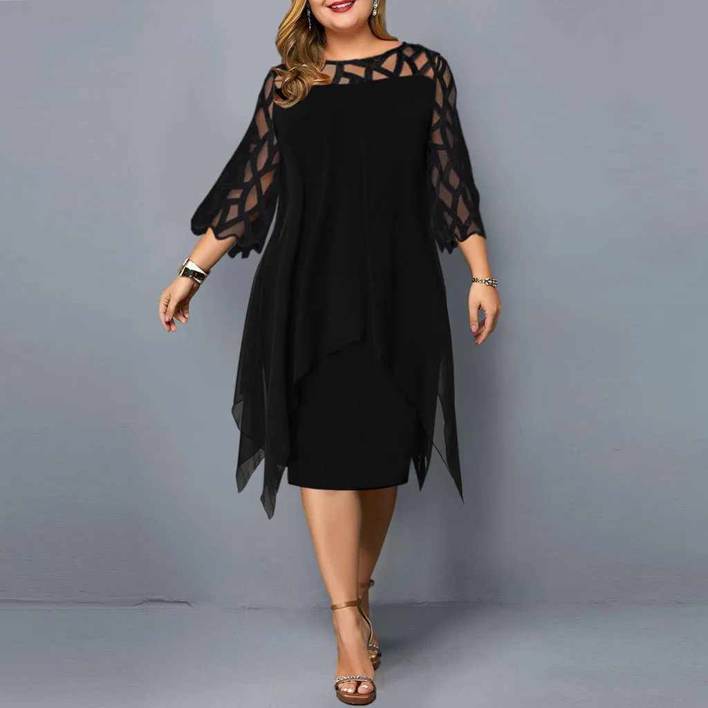Vestido de verano de chifón de malla con cuello redondo, negro, elegante, para fiesta, de talla grande, # T2Q, 2021