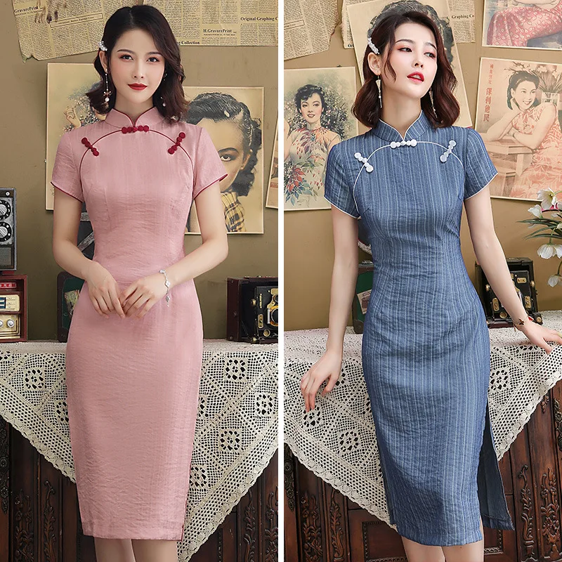 Новое Женское жаккардовое хлопковое повседневное Cheongsam стоячий воротник Сплит элегантное женское платье девушка в длинном платье чонсам