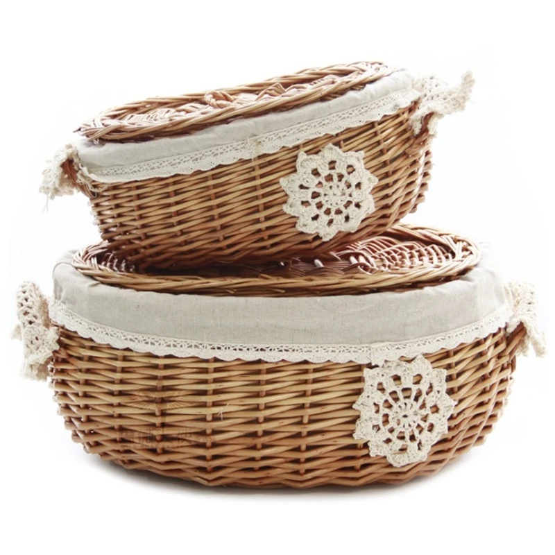 Wicker Rattan Storage Basket with Lid Snack Basket Home Living Room Decor Toy Debris Finishing Storage Basket