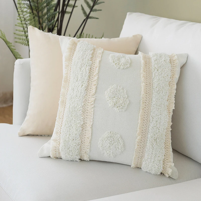 Хлопковая тканая наволочка для подушки цвета слоновой кости, подушка с кисточкой, чехол в марокканском стиле ручной работы для украшения дома, диван-кровать 45x45 см/30x50 см - Цвет: 45x45cm