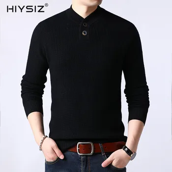 

HIYSIZ 100% Merino Wool Sweater Men V-Neck Decorative Button Casual Autumn Winter Long Streetwear Solid Brand Pullover Men SW050