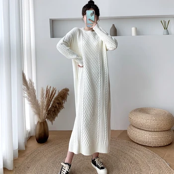 

2081# Winter Thick Warm Twist Knitted Maternity Long Sweaters Loose Straight Dress Clothes for Pregnant Women Casual Pregnancy