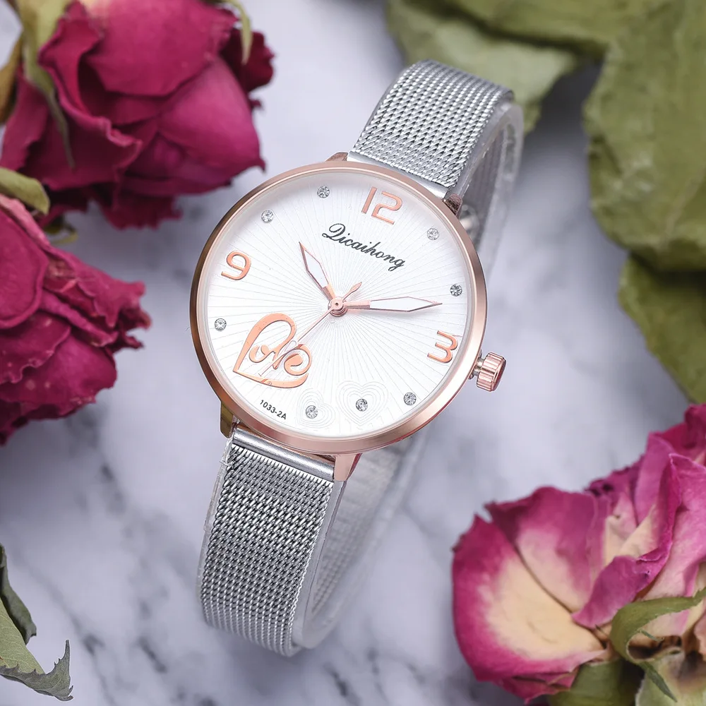 

Mesh Belt Heart-Style Man-made Relogio Feminino Diamond Large Digital Dial Women Watch Simple Luminous Accesorios Mujer Clock