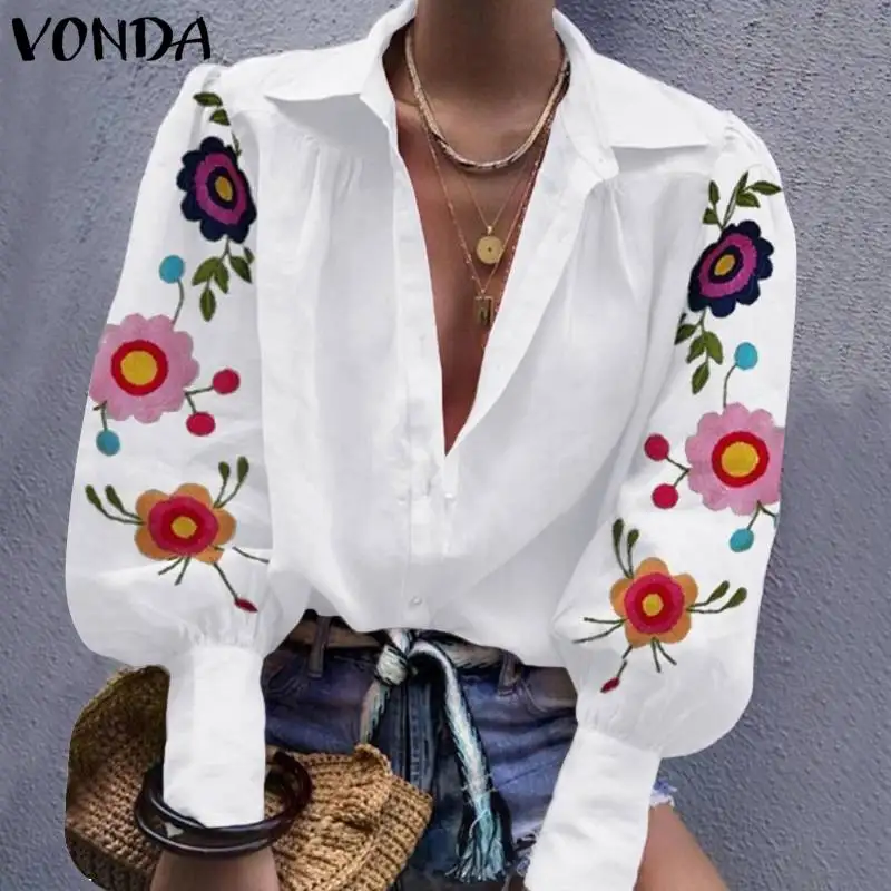 

Floral Printed Shirts Women Autumn Long Lantern Sleeve Blouse Female Plus Size Tops VONDA Vintage Turn Down Collar Shirts S-5XL