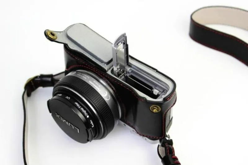 Роскошный чехол для камеры из искусственной кожи для Panasonic Lumix GF7 GF8 GF9 GF10 12-32 мм. Чехол для камеры с ремешком и открытой батареей