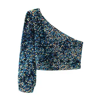 

2020 New Fashion Brand Women Shirt Sexy & Club Puff Sleeve Print Full V-neck Short Sequined Polyester