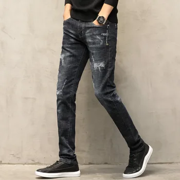 

Free shipping 2019 autumn and winter new men's hole patch in the waist jeans thick warm slim feet pencil pants
