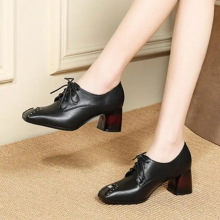 

Autumn thick heel lace-up high-heeled shoes head layer cowhide microfiber middle square head
