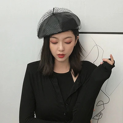 black beret Черный кожаный берет французская шляпа с вуалью берет бини кепки для женщин вечерние - Цвет: black beret