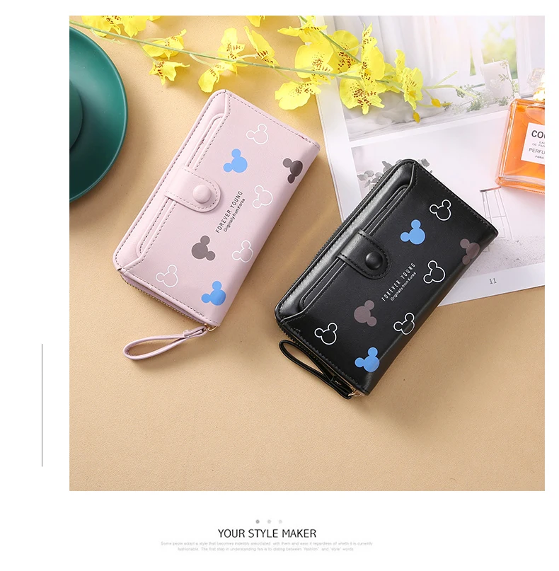 Lovely Mickey Cartoon PU Leather Lady Long Hand Holding Large-Capacity Card Holder Women`s Wallet Girl Fashion Mobile Phone Bag