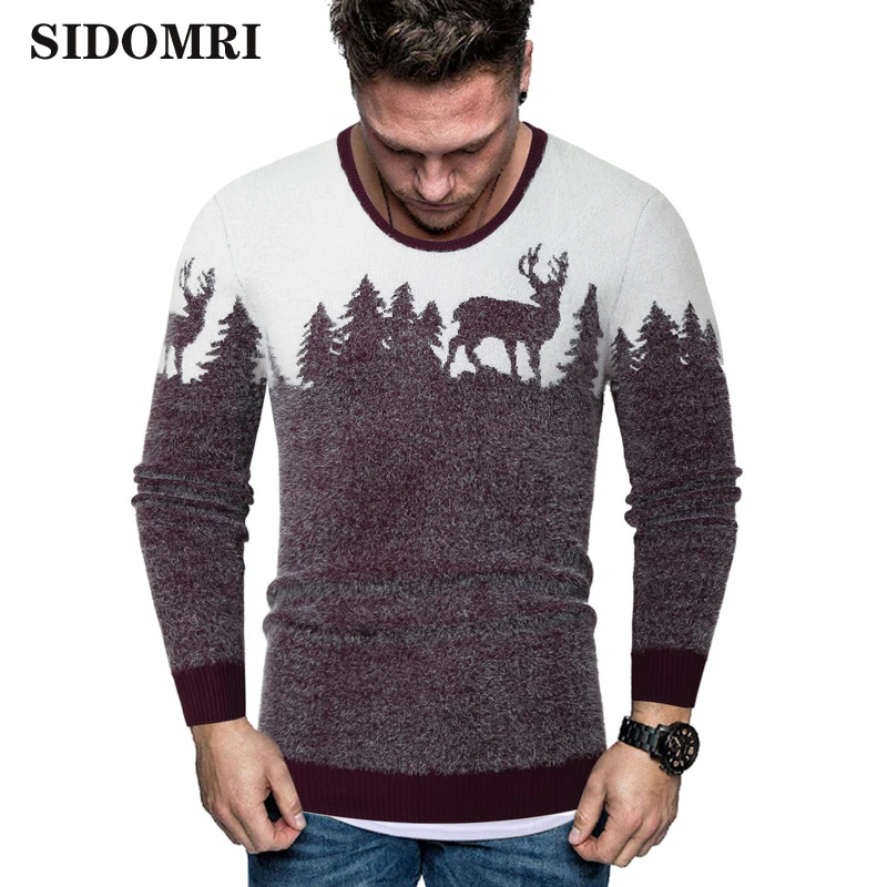

Eu size Sweater Men Warm Long Sleeve autumn/Winter men's tweed Christmas Tree fawn print Pullover Sweater Fashion Slim Fit male