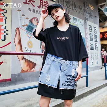 

XITAO 2020 Summer New Denim Stitching T Shirt Tide Brand Korean Style Women Tops Fashion Loose Plus Size T Shirt Black DMY4130