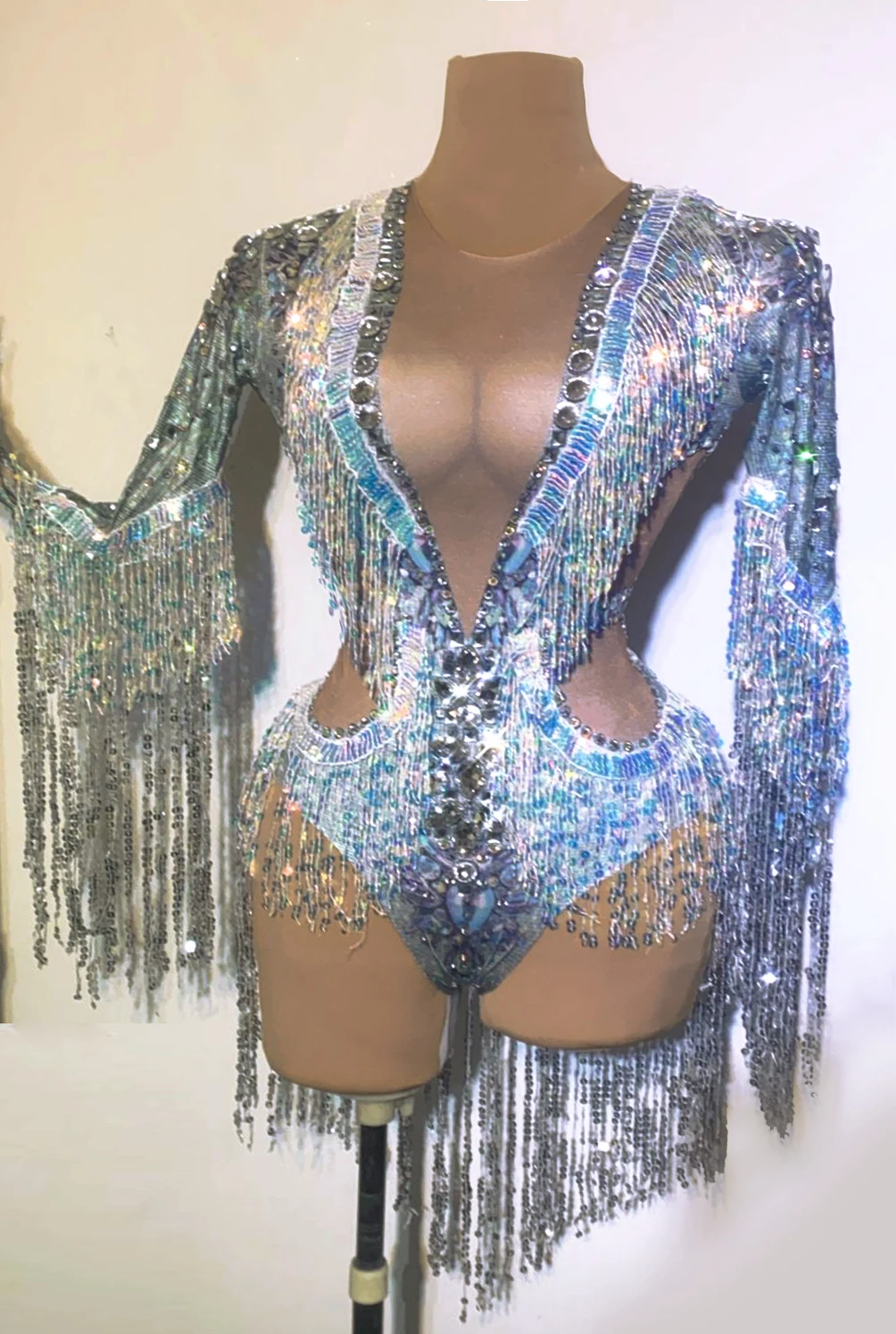 

Party Show Stage Outfits Sparkly Rhinestones Sequin Tassels Bodysuit Stretch Long Sleeve Leotard Nightclub DJ Singer DS Costume