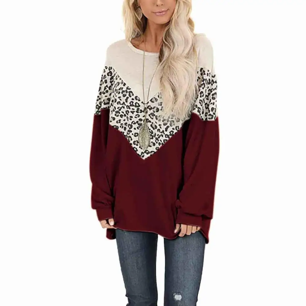 T-Shirt Top Female Spring Summer New Women's Long Sleeve Splicing Print Leopard O-neck Casual Loose Women Basic T-shirt - Цвет: A2