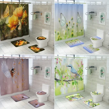 

Butterfly Birdie Idyllic Scenery Bathroom Curtain Set Non-Slip Rugs Toilet Lid Cover and Bath Mat Carpet Fabric Shower Curtains