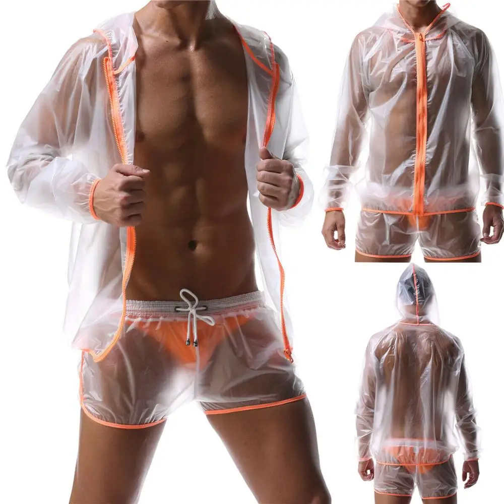 Waterproof Transparent Hooded Coat With Shorts Suits Mens Clothing Sets Sexy Gay Panties For Man Raincoat Sport Clubwear Men S Sets Aliexpress