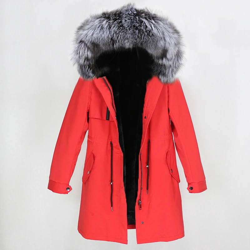 OFTBUY зимняя куртка женская длинная парка натуральный мех пальто натуральный Лисий меховой капюшон, воротник Толстая теплая тонкая верхняя одежда Уличная Роскошная - Цвет: red silver
