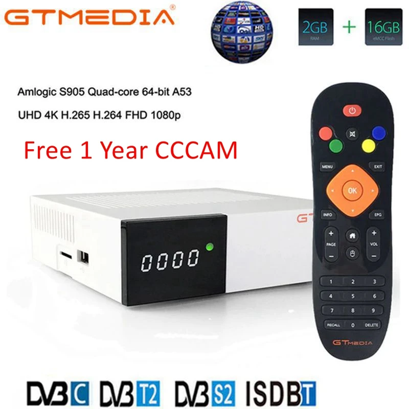 Baratos GTmedia GTC Receptor Android 6,0 caja de TV DVB S2 DVB C DVB T2 Amlogic S905D 2GB 16GB + 1 año de cccam TV vía satélite caja receptora de TV