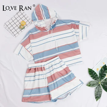 

Women's Striped Print Two Piece Sets Drawstring Hoodies and Shorts Female Loose Tracksuit Early Autumn Casual Ladies Set Outfits