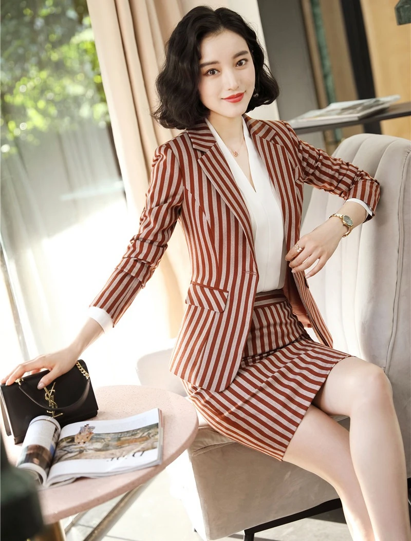 

Autumn Winter Fashion Striped Formal Professional Business Suits with Skirt and Tops Ladies Office Blazers Set Women Work Wear