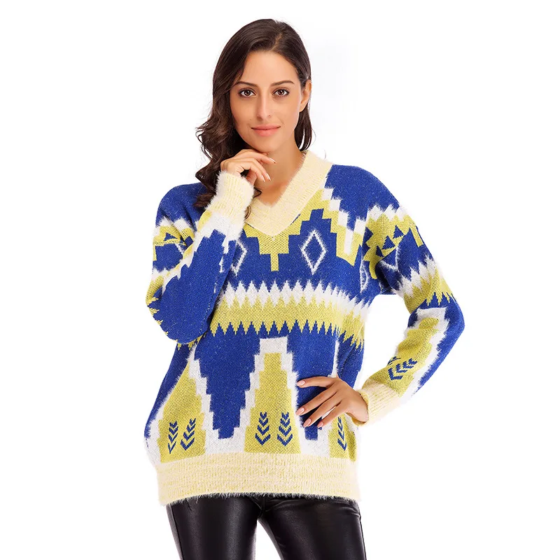 Regular Loose Women's Casual Sweater Pullover New Winter Knitted Base Sweater Fashion Printed V Neck Long Sleeves Loose Sweater Regular Loose Women's Casual Sweater Pullover New Winter Knitted Base Sweater Fashion Printed V Neck Long Sleeves Loose Sweater