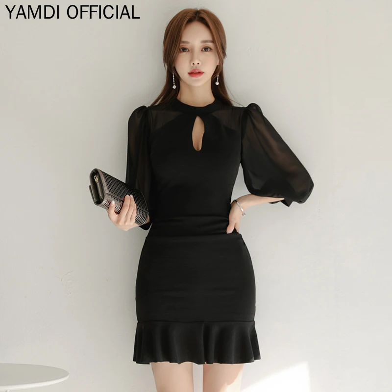 YAMDI, летнее, осеннее платье, подиумное,, для женщин, однотонное, черное, кружевное, Сетчатое, облегающее, с запахом, для девушек, платья, вечерние, для клуба, ужина, платье миди