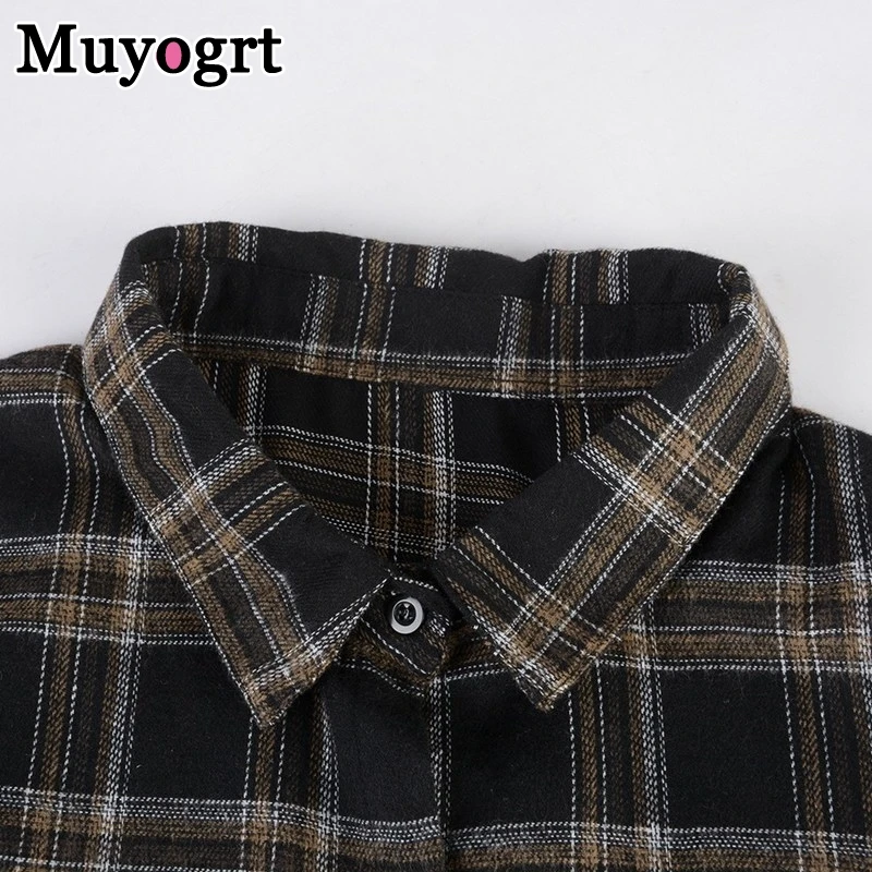 Muyogrt Women Shirt Plaid Oversized Brown Top Turn-down Collar Leisure Fashion Loose All-match Long Sleeves Soft Chic Korean Top