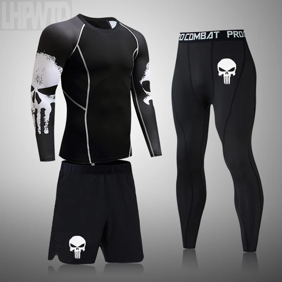 Fitness Training Clothes 3D Skull Thermal Underwear Compression Men's Suit Sports Running Warm Base Layer 3XL | Мужская одежда