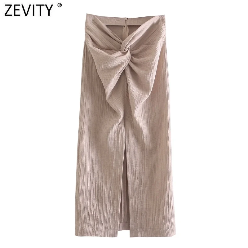 Zevity-Falda acampanada Lisa para Mujer, falda acampanada con diseño anudado y abertura, con cremallera en la parte trasera, vestido de verano QUN770