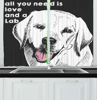 

Animal Kitchen Curtains Labrador Dog Vintage Seemed Image with Love Themed Words Artwork Window Drapes for Kitchen Cafe Decor