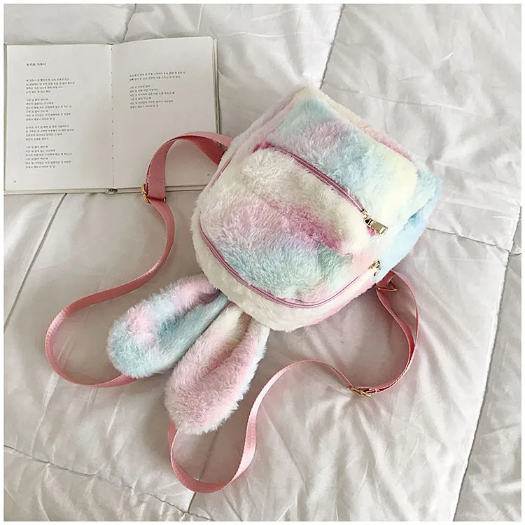 Autumn Bunny Plush Backpack Cute Pink Warm Rabbit Long Ears Shoulder Tiny Backpack with Zipper for Girls School Celebration