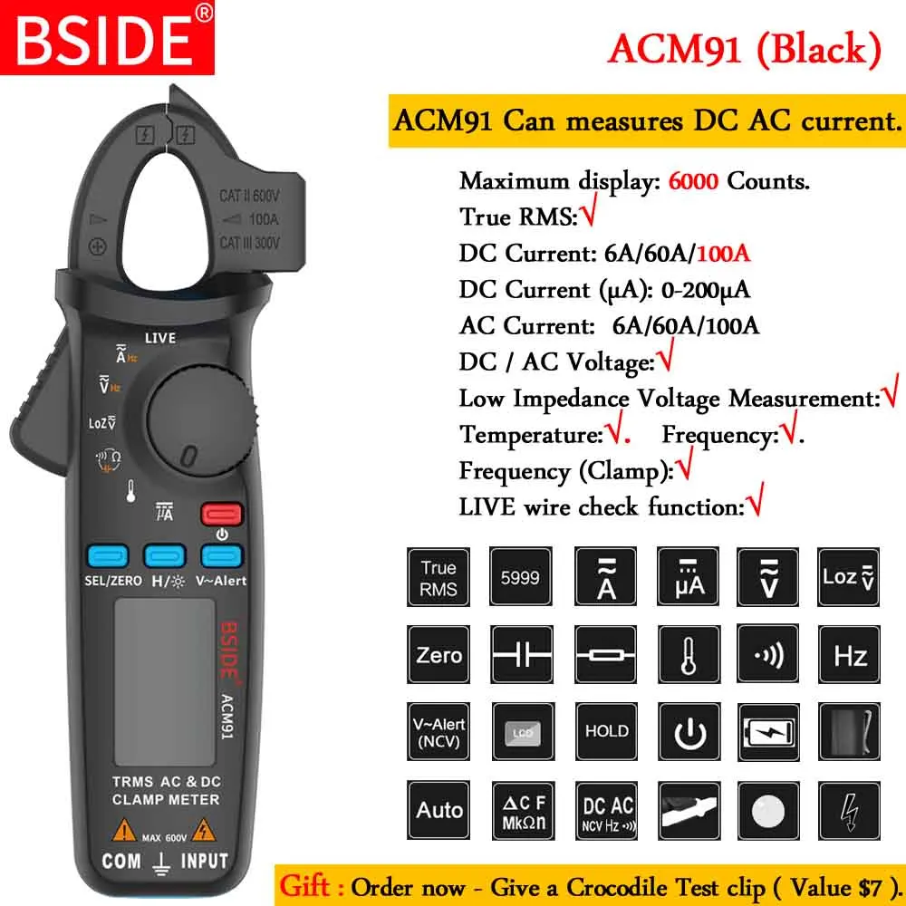 ACM91-black-Gift Мини Цифровые токовые клещи BSIDE ACM серии True постоянного тока в переменный ток напряжение, температура постоянной ёмкости, универсальный конденсатор Гц бесконтактная проверка напряжения переменного тестер Амперметр мультиметр - Цвет: ACM91-black-Gift