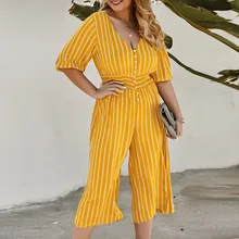 Office Ladies Yellow Stripes Jumpsuit 2020 Spring Summer New Women's Temperament Commute Casual Rompers Plus Size 3XL 4XL Office Ladies Yellow Stripes Jumpsuit 2020 Spring Summer New Women's Temperament Commute Casual Rompers Plus Size 3XL 4XL
