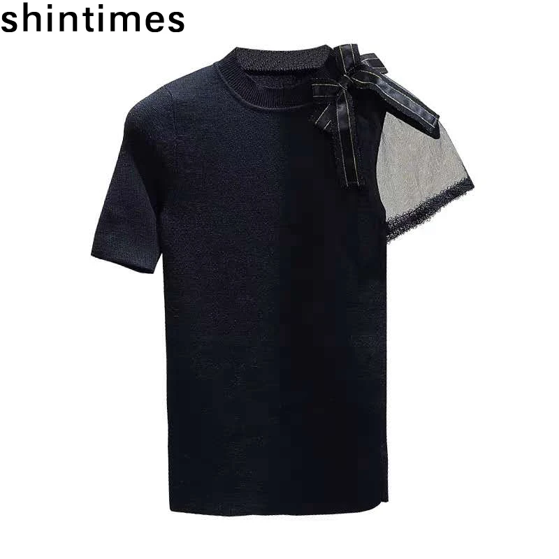 

shintimes Korean T Shirt Women Mesh Stitching Thin Short Sleeve knitted T-Shirt Female 2019 Summer soft Slimming Bow Black Tops