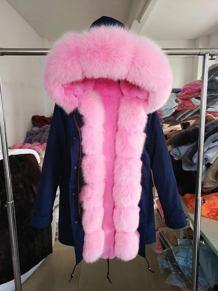 Женская парка со съемным натуральным мехом, черная непромокаемая длинная куртка с меховой подкладкой и отделкой из лисьего меха на капюшоне, зима - Цвет: pink fur black