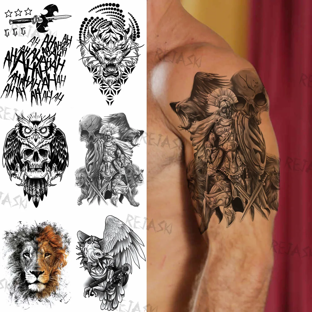 

Black Eagle Skull Warrior Temporary Tattoos For Men Women Fake Eagle Lion Skull Tatoos Halloween Waterproof Tattoo Stickers