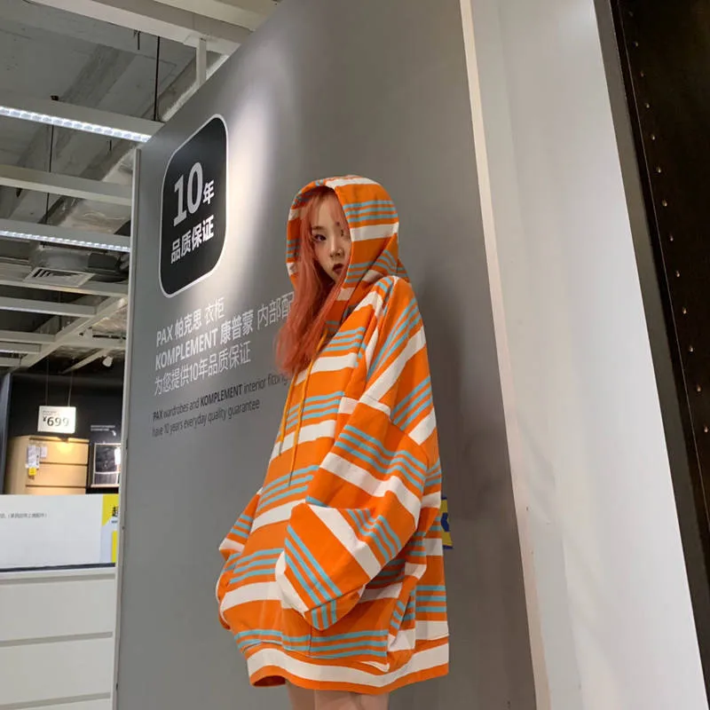4XL негабаритная полосатая толстовка с капюшоном и длинными рукавами, Женская толстовка с капюшоном, свободная уличная одежда для девочек, осенняя безрукавка с принтом